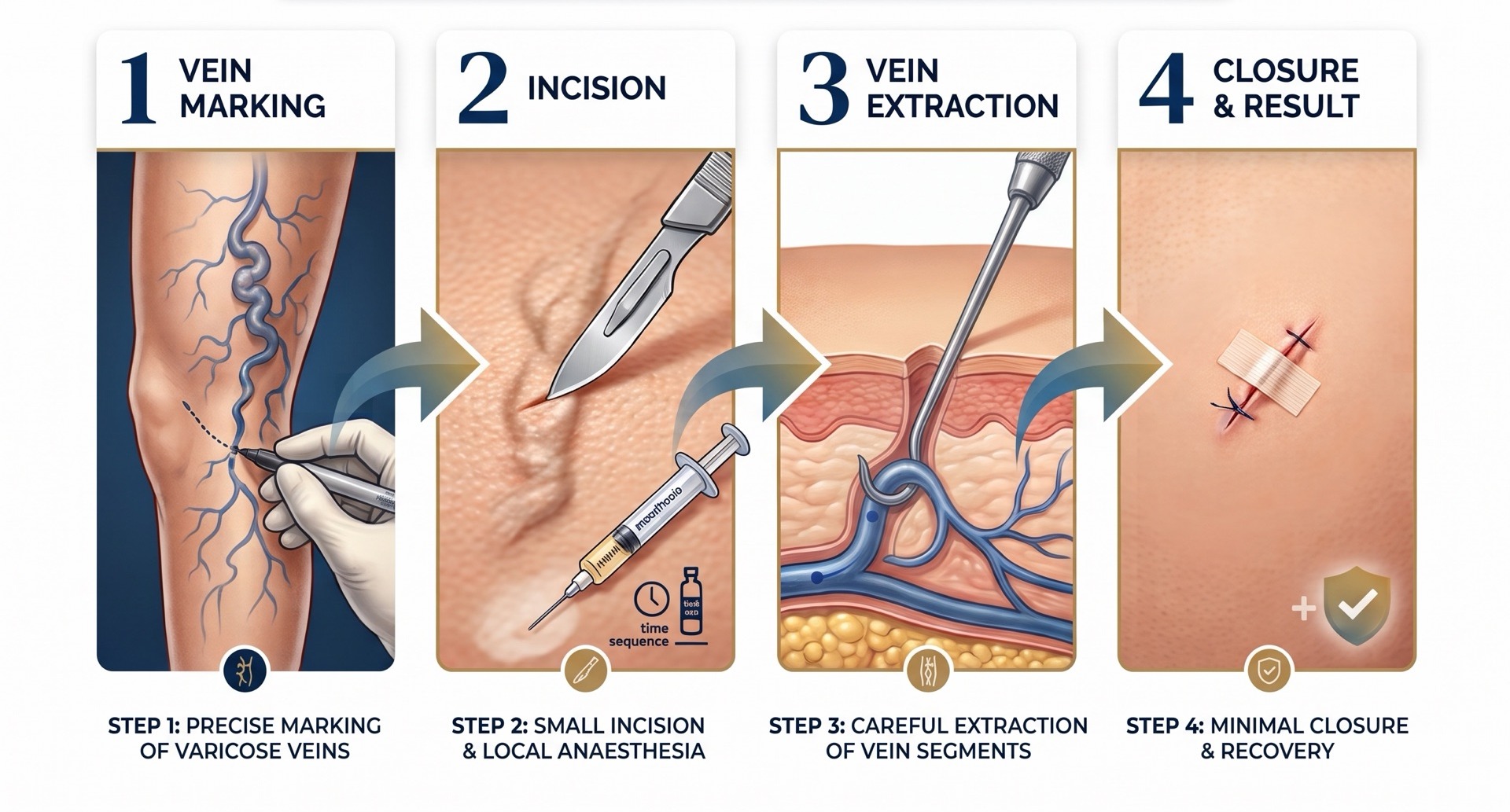 Four-stage illustration of a varicose vein phlebectomy: 1 vein marking, 2 incision and local anaesthesia, 3 vein extraction, 4 closure and result